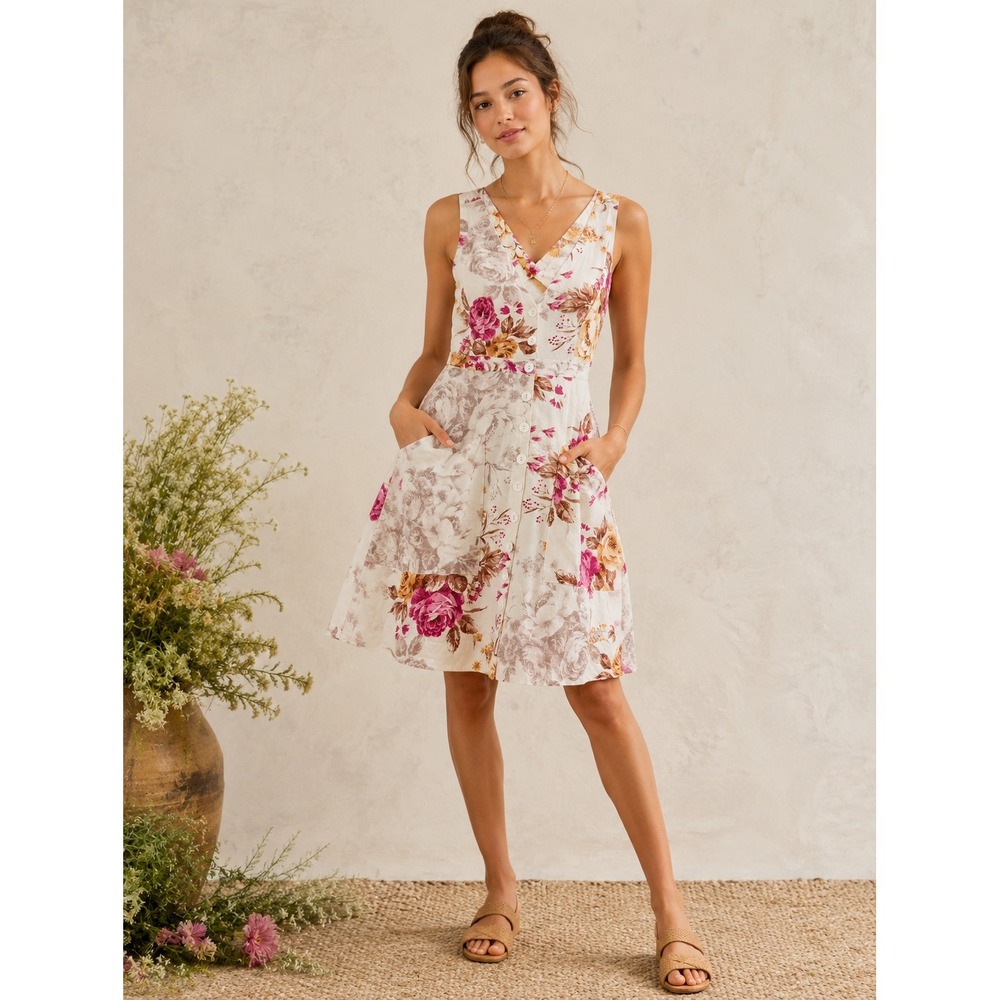 2/$30 Olivacious Knee Length Dress Sz M Floral Linen Blend Coastal Summer Resort